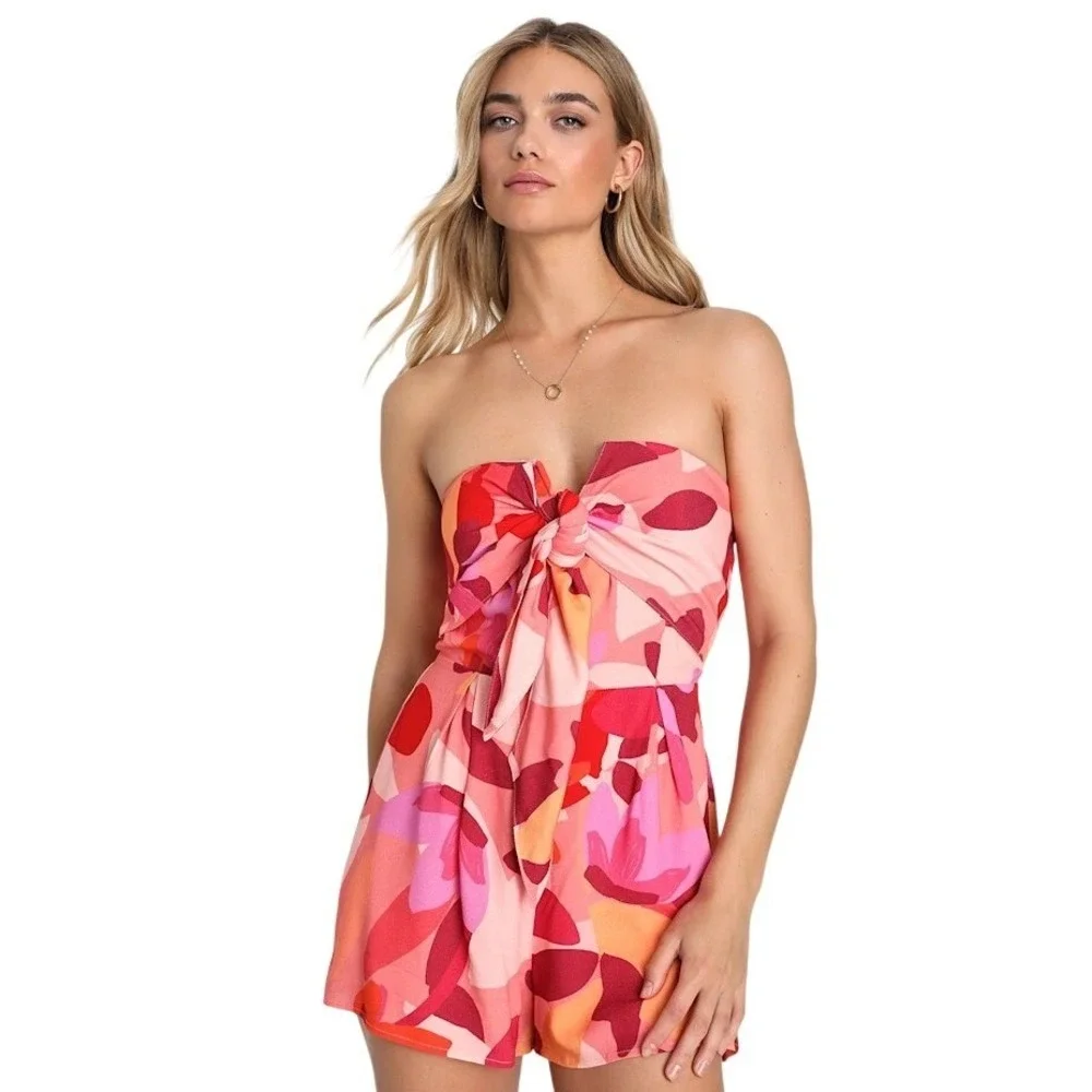 Lulus Iconic Season Pink Multi Print Strapless‎ Tie-Front Romper XL